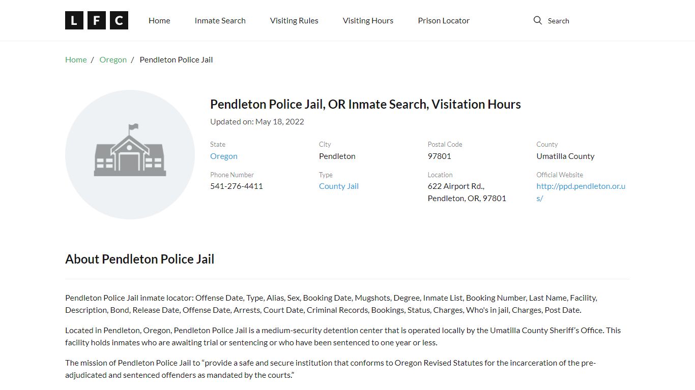 Pendleton Police Jail, OR Inmate Search, Visitation Hours